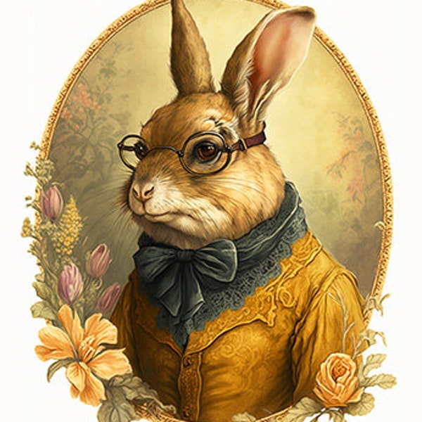 Gentleman Rabbit in Eyeglasses and Fancy Clothing, Well-Dressed Rabbit, Elegant Professor Businessman, Portrait Wall Art -- Digital Download
