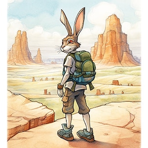 Adventurous Jackrabbit Hiking in the Badlands, Outdoor Enthusiast, Travel, Camping Backpacking Rabbit, Wall Art -- Digital Download
