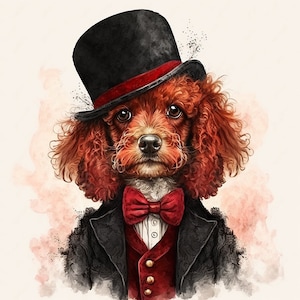 Red Poodle Dog in Fancy Clothing, Well-Dressed Pet Dog, Elegant K-9, Cute Puppy in Suit, Wall Art -- Digital Download