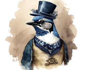 Blue Jay in Fancy Clothing, Elegant Vintage Wildlife Art, Cute Backyard Bird Watercolor, Avian Wall Art -- Digital Download
