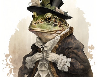 Frog in Fancy Clothing, Well-Dressed Gentleman Frog, Elegant Prince Frog, Wall Art -- Digital Download