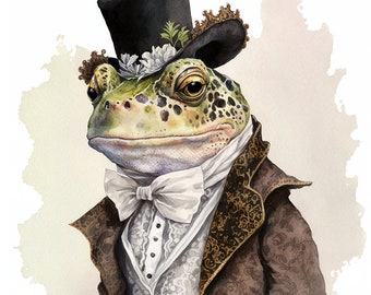 Frog in Fancy Clothing, Well-Dressed Gentleman Frog, Elegant Prince Frog, Wall Art -- Digital Download