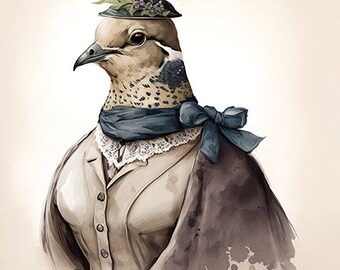 Mourning Dove in Fancy Clothing, Elegant Vintage Wildlife Art, Cute Backyard Bird Watercolor, Avian Wall Art -- Digital Download