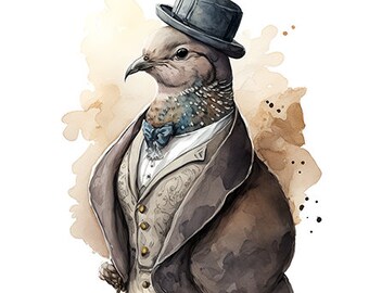 Mourning Dove in Fancy Clothing, Elegant Vintage Wildlife Art, Cute Backyard Bird Watercolor, Avian Wall Art -- Digital Download