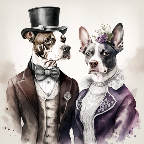 Dog Couple in Fancy Clothing, Sweethearts, Well-Dressed Pet Dog, Elegant K-9, Cute Puppy in Suit, Wall Art -- Digital Download