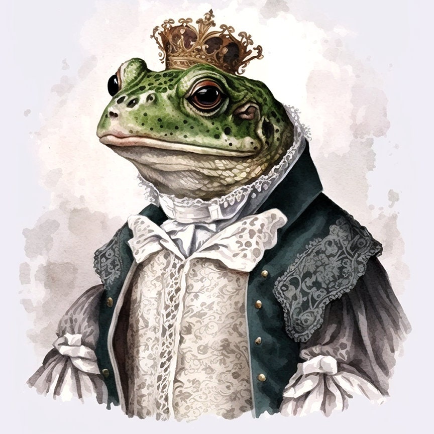 Frog in Fancy Clothing, Well-Dressed Gentleman Frog, Elegant Prince, Handsome King in Crown, Wall Art -- Digital Download