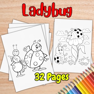 Puede incluir: Una pila de páginas para colorear blancas con ilustraciones de mariquitas en blanco y negro. La palabra "Ladybug" está en rojo y "32 Pages" en amarillo. Lápices de colores en la esquina inferior derecha.