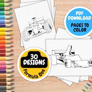 Formula One Coloring Pages For Kids | Printable Coloring Book with 30 Racing Cars  (PDF Download)