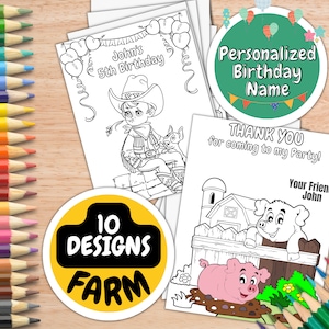 Personalized Farm Party Coloring Pages, 10 Farm Coloring Pages for Kids Birthday, Customized Farm Birthday Party Coloring Sheets PDF