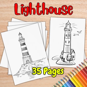May include: A black and white coloring book featuring a lighthouse with 35 pages. The cover shows a lighthouse with a striped tower and a small house next to it.