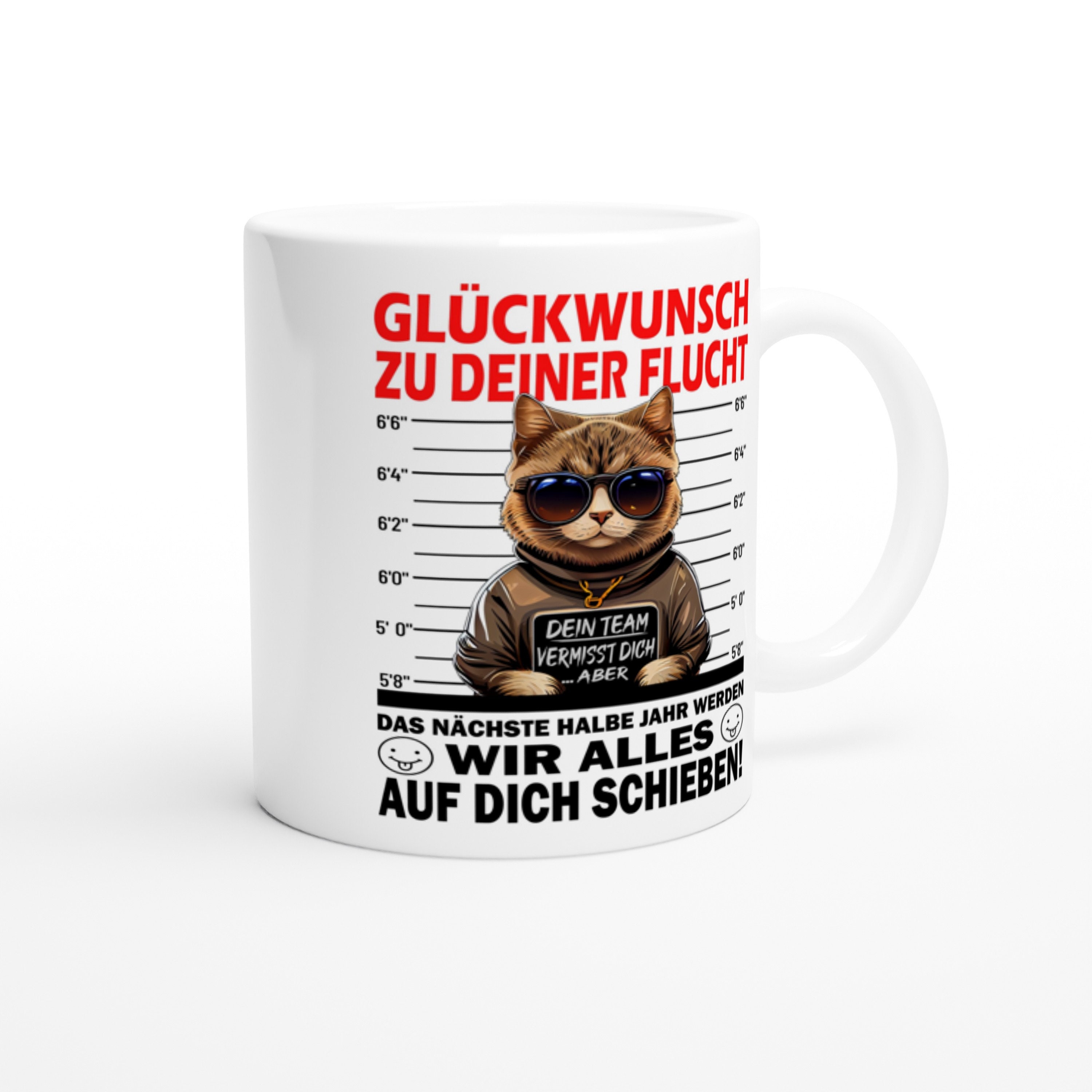 Personalisiert: „Glückwunsch Zu Deiner Flucht“ Tasse – Abschiedsgeschenk Für Kollegen, 330 Ml, Schwarz