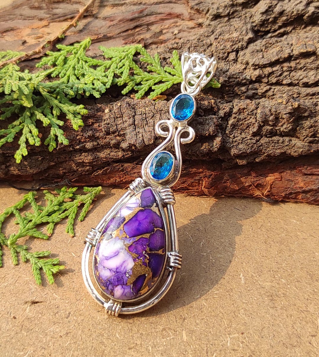 Copper Topaz Violet Copper Turquoise & Blue Topaz Pendant: Handmade Sterling Silver ...