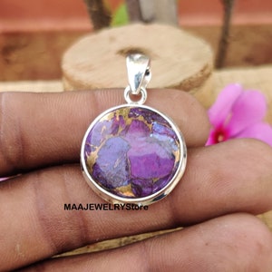 Handmade Purple Copper Turquoise Pendant: 925 Sterling Silver Round Gemstone