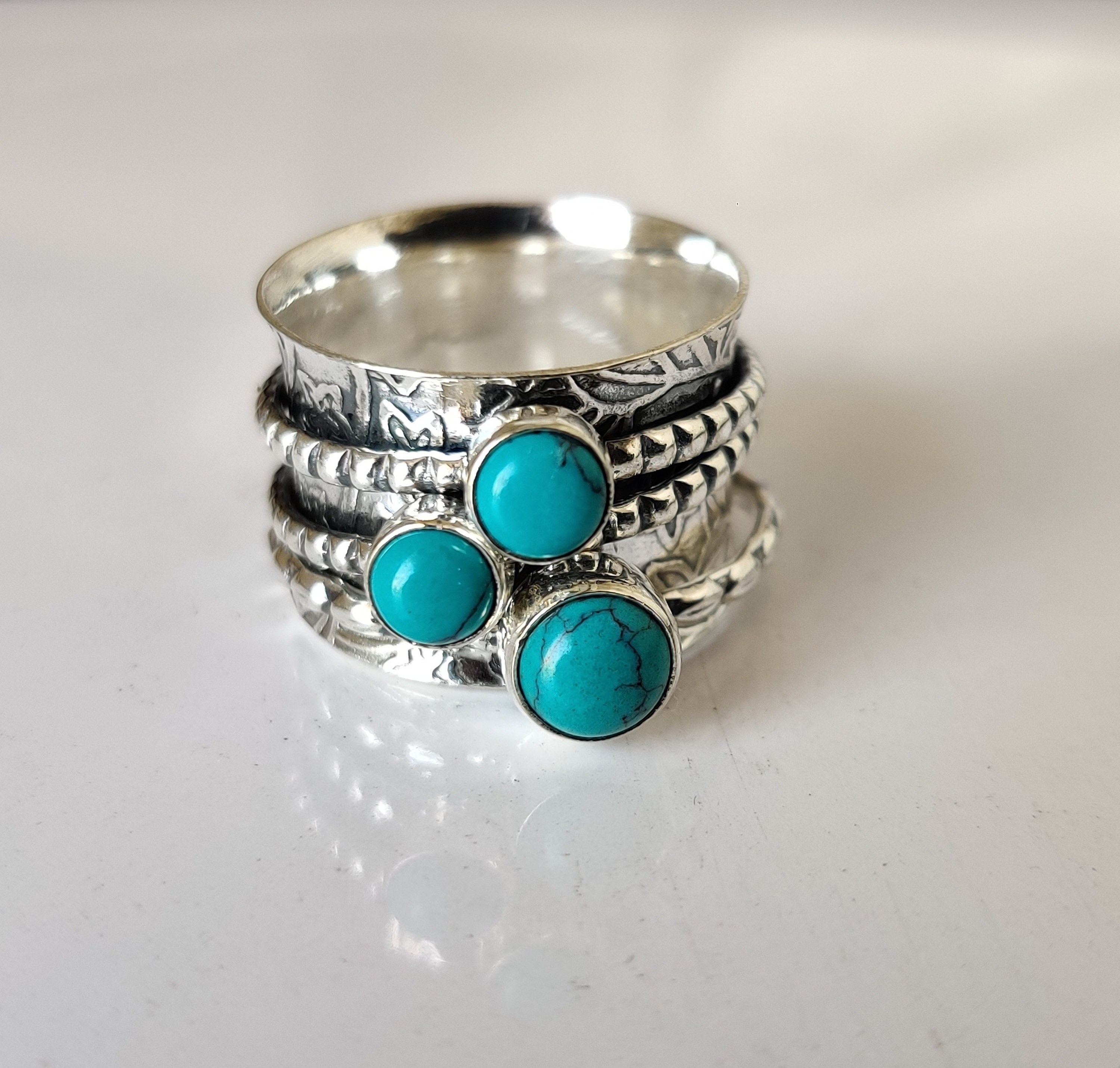 Blue Turquoise Sterling Silver Spinner Ring: Three Stone Band - Etsy