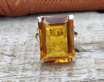 Handmade Citrine Ring: 925 Sterling Silver, Rectangle Gemstone
