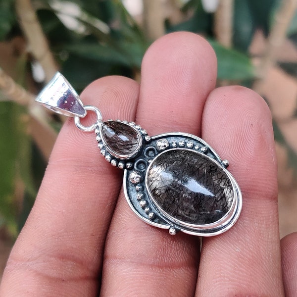 Black Rutile Pendant 925 Sterling Silver Pendant Black Rutile Gemstone Pendant for Necklace Handmade Jewelry Silver Jewelry Gift for Her