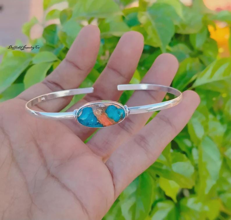 Mohave Turquoise Sterling Silver Bangle: Handmade 925 Jewelry OysterCopperTurquois
