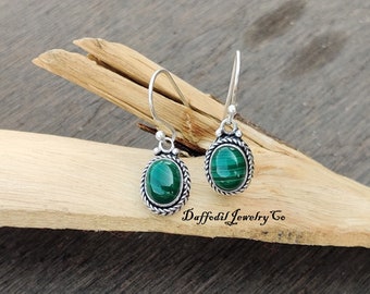 Oval Malachite Gemstone Earrings: 925 Sterling Silver Dangle Jewelry