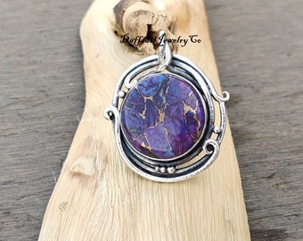 Purple Copper Turquoise Designer Pendant~ 925 Sterling Silver~ Handmade Jewelry~ Round Cut Stone Pendant~ Everyday Wear Necklace~ Gift idea