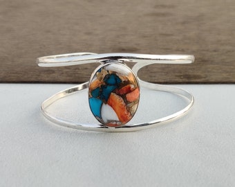 Oyster Copper Turquoise Bangle: 925 Sterling Silver Adjustable Bracelet