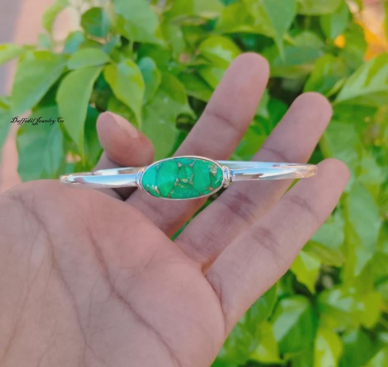 Mohave Turquoise Sterling Silver Bangle: Handmade 925 Jewelry GreenCopperTurquoise