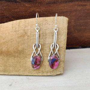 Handmade Pink Oyster Gemstone Earrings: 925 Sterling Silver Dangle Earrings