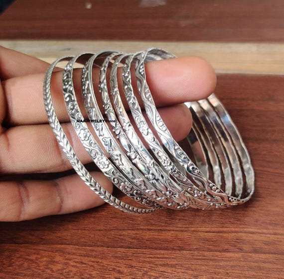 Handmade Sterling Silver Stacking Bangles - Set of 7 Designer