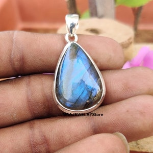 Labradorite Gemstone Pendant, 925 Sterling Silver, Pear Shape Pendant, Stylish Pendant, Blue Fire Gemstone, Free Shipping, Indian Jewelry