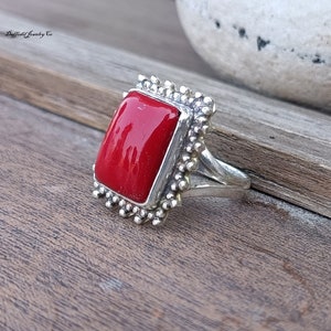 Natural Coral Sterling Silver Ring - Handmade Band Style