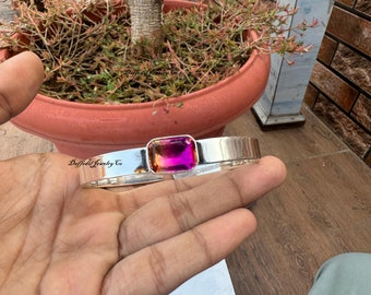 Multi-Color Tourmaline Bangle: Handmade 925 Sterling Silver, Adjustable