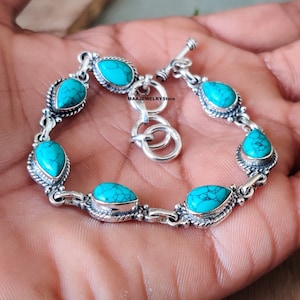 Natural Turquoise Bracelet* 7 Gemstone Bracelet* 925 Sterling Silver Bracelet* Handmade Bracelet*Indian Designer Bracelet*Everyday Bracelet*