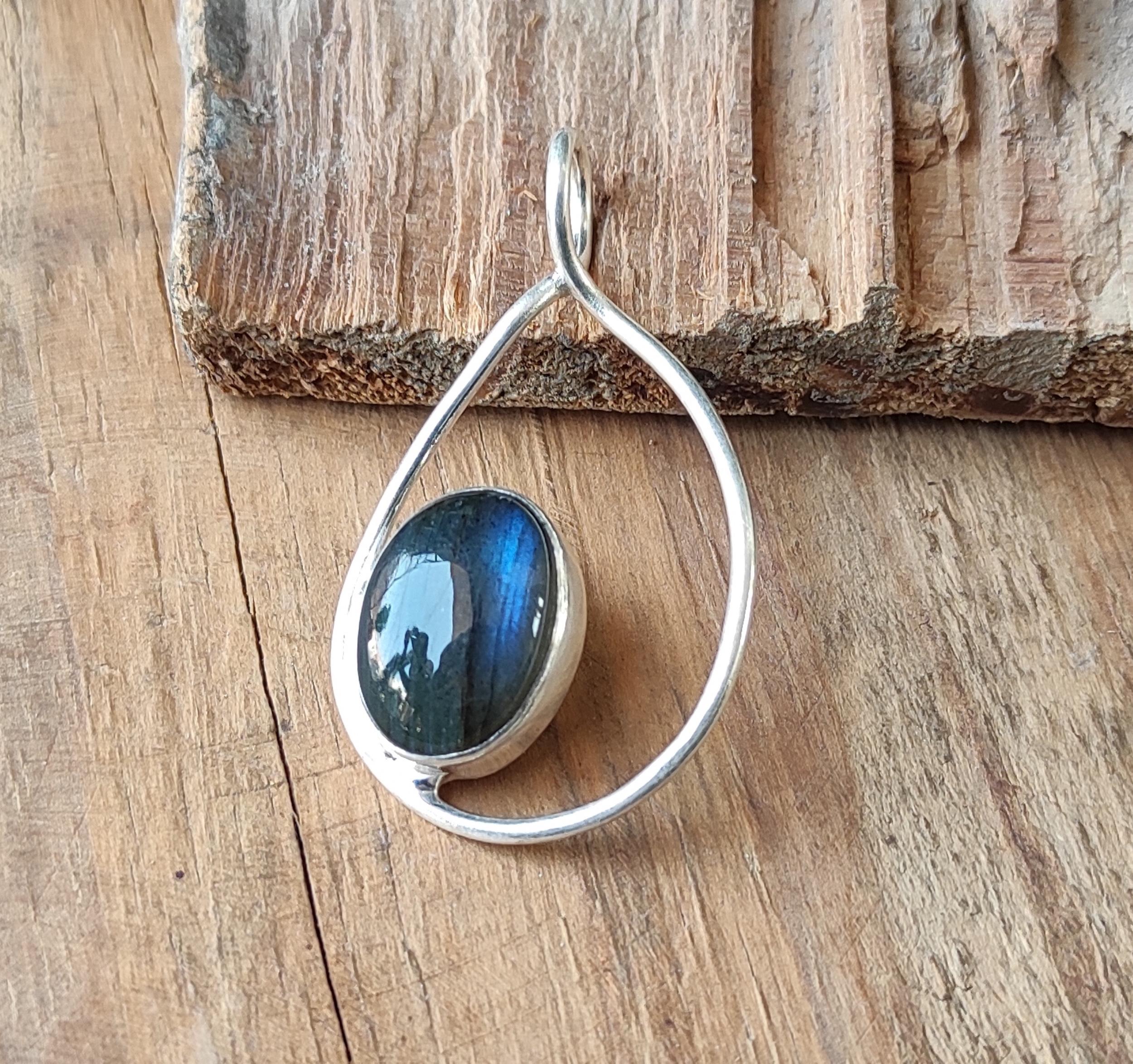Pendentif Larme En Labradorite Naturelle - Monture Argent Sterling 925 - Pierre Bleu Vert - Neuf