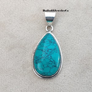 Pear Shape Turquoise Pendant: Handmade 925 Sterling Silver Jewelry