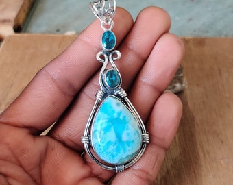 Natural Larimar Pendent* Blue Gemstone Pendent* 925 Sterling Silver Pendent* Handmade Pendent*Beautiful Pendent*Wonderful Pendent*Gift Item*
