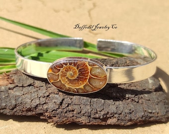 Ammonite Fossil Bangle: Handmade 925 Sterling Silver Adjustable Bangle