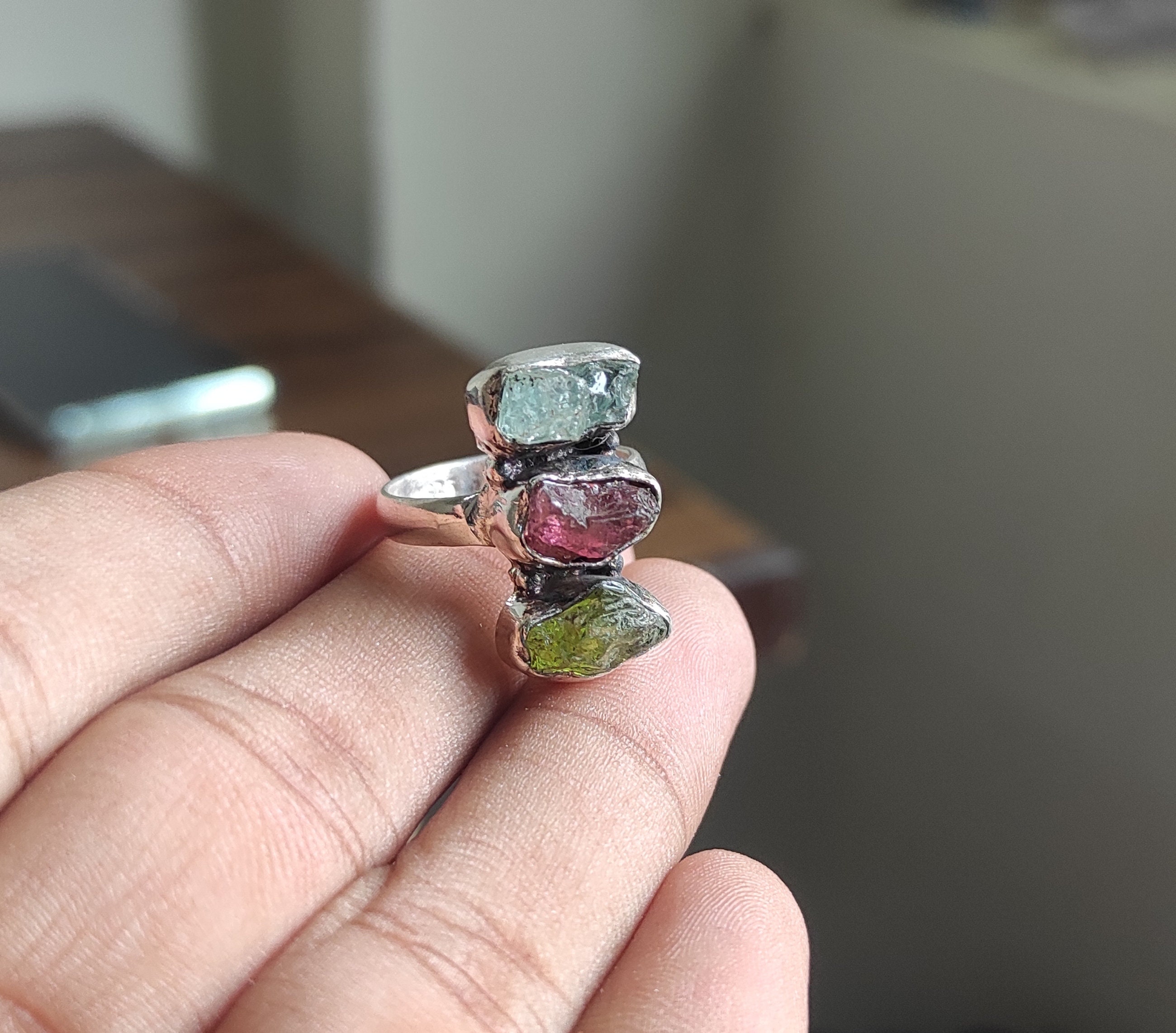 原石リング：アクアマリン、ガーネット、ペリドット、スターリング