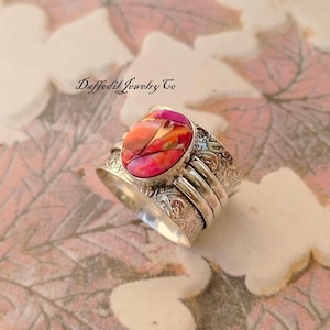Pink Oyster Turquoise Sterling Silver Ring: Designer Gemstone