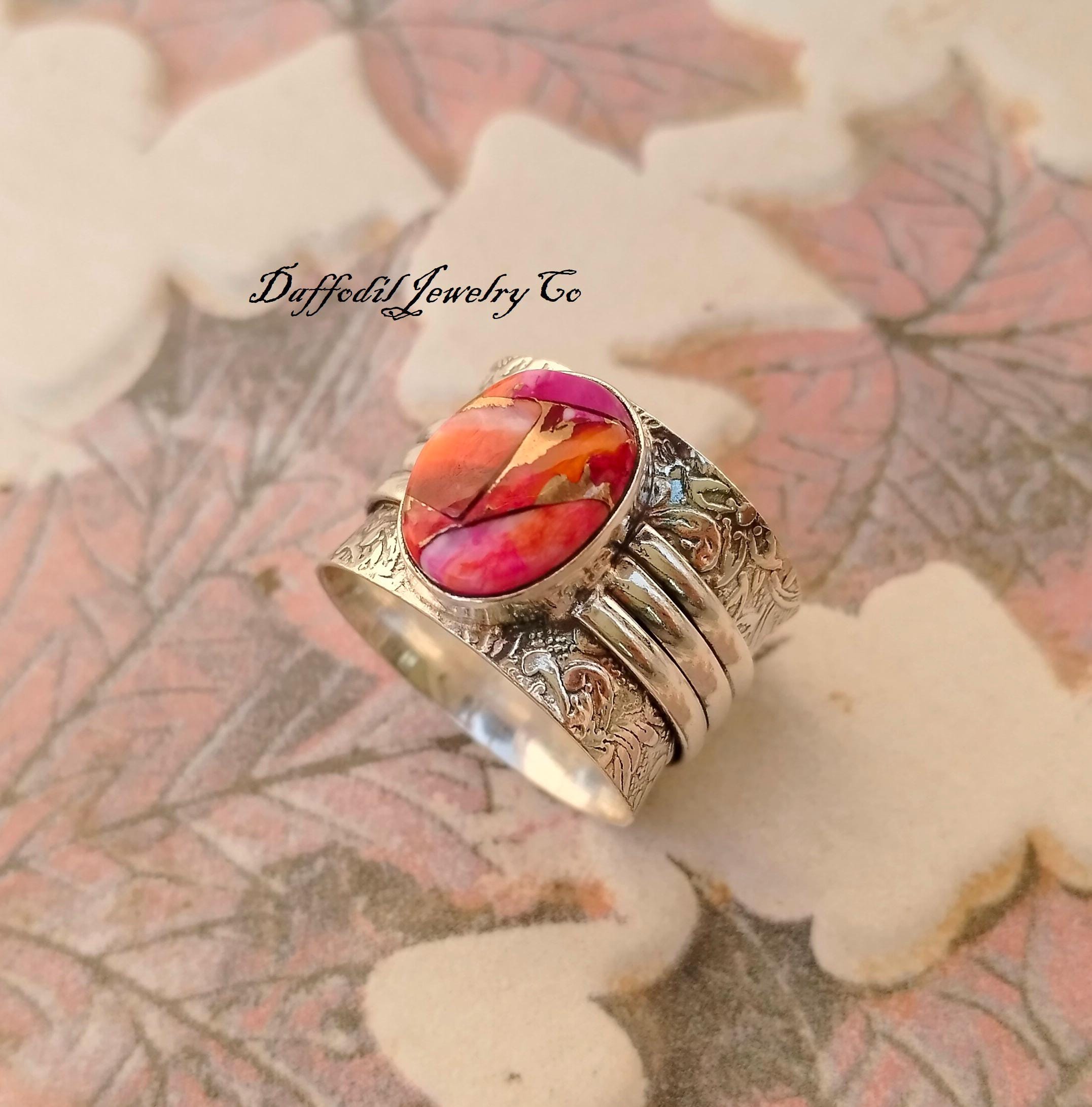 Pink Oyster Turquoise Sterling Silver Ring: Designer Gemstone
