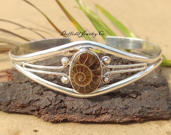 Handmade Ammonite Bangle: 925 Sterling Silver Adjustable Gemstone Bracelet