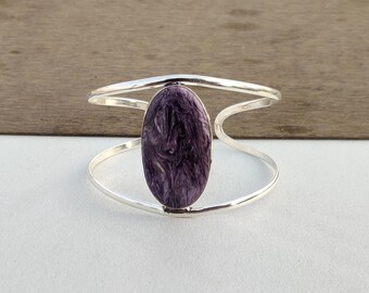 Adjustable Charoite Bangle: Vintage Style 925 Sterling Silver Plated