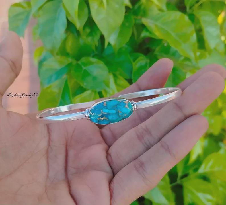 Mohave Turquoise Sterling Silver Bangle: Handmade 925 Jewelry BlueCopperTurquoise