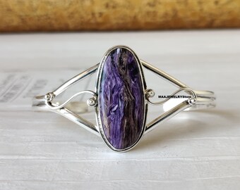 Natural Charoite Bangle: Handmade 925 Sterling Silver Adjustable Gemstone Bangle