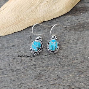 Blauer Kupfer Türkis Ohrring * Massive 925 Sterling Silber Ohrringe * Handgemachter Ohrring für Frauen * Silber Ohrringe für Hochzeitstag Geschenk