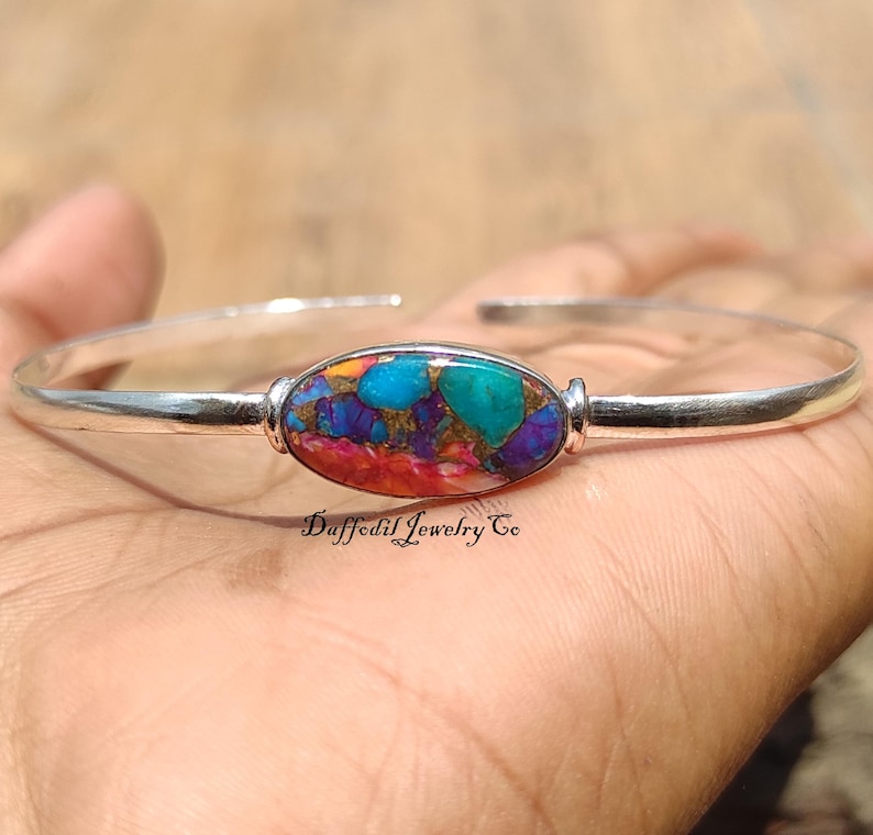 Mohave Turquoise Sterling Silver Bangle: Handmade 925 Jewelry Pink CopperTurquoise