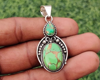 Green Copper Turquoise Pendant, Designer Pendant, 925 Sterling Silver, Handmade Jewelry, Beautiful Silver Jewelry, Top Quality Pendant, SP29