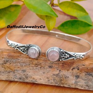 Handmade Rose Quartz 925 Sterling Silver Bangle: Healing Crystal Jewelry