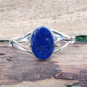 Handmade Lapis Lazuli Sterling Silver Bangle - Adjustable Gemstone Bracelet