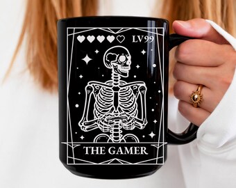 Video Game Inspired Mug, Cozy Gamer Accessory, Skeleton Tarot Coffee Mug, Gift For RPG Gamer Lifestyle Gift,Gamer Tarot Card Drinkware 2654M