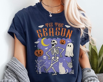 Tis The Season Spooky Shirt,  Halloween Skeleton Ghost Jack O Lantern Sweatshirt, Autumn Fall Womens Sweater, Silly Goose Party Tee 3221