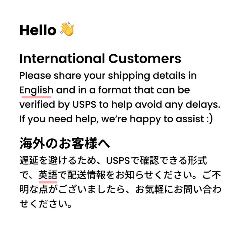May include: White background with the word "Hello" and a waving hand emoji. Text below reads "International Customers" and provides instructions for sharing shipping details in English for USPS verification to avoid delays. Japanese text is also included.